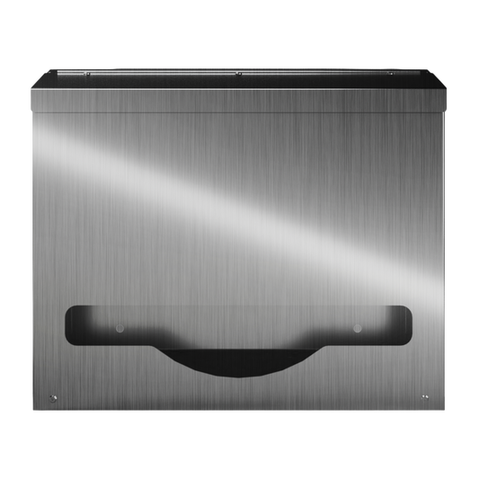 Bulk Dispenser, Short single, Stainless Steel, wall mount. top loading, top or bottom dispensing. Empty, front facing