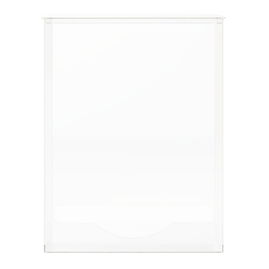 Single, tall, clear plastic bulk dispenser, empty. Has lid to load from top, front bottom hole for dispensing.