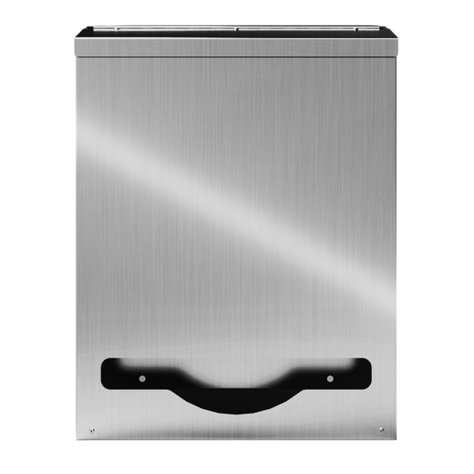 Bulk Dispenser, Tall Single, Stainless Steel, wall mount. top loading, top or bottom front dispensing. Empty and front facing