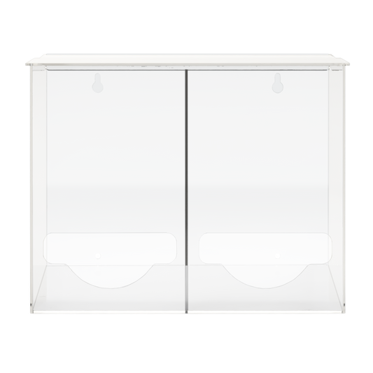 Clear PETG plastic bulk dispensers. Two compartments. Lidded top for loading and front bottom hole for dispensing. The 2 compartments are empty.