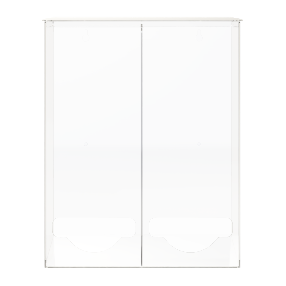 clear, PETG, double bulk dispenser. Lidded top for loading, Open bottom front hole for dispensing. Empty unit.