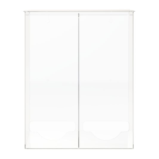 clear, PETG, double bulk dispenser. Lidded top for loading, Open bottom front hole for dispensing. Empty unit.
