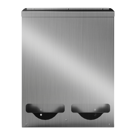 Bulk Dispenser, Tall Double, Stainless Steel, wall mount. 2 compartments, top loading, top or bottom front dispensing. Empty and front facing