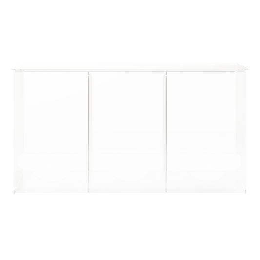 Clear, plastic, triple compartment bulk empty. Lidded for top loading and bottom front hole for dispensing