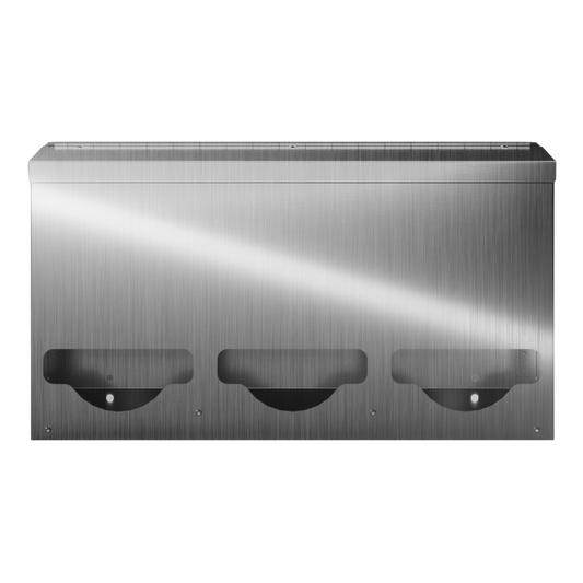 Bulk Dispenser, Triple, Stainless Steel, wall mount. Divided, 3 compartments. Empty, facing front