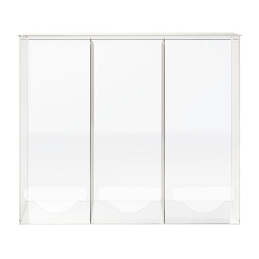 clear, PETG plastic triple compartment, bulk dispenser. top lid for loading, front bottom hole for dispensing. empty compartments.