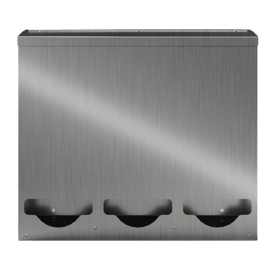 Bulk Dispenser, Tall Triple, Stainless Steel, wall mount. 3 compartments, top loading, top or bottom front dispensing. Front facing, empty