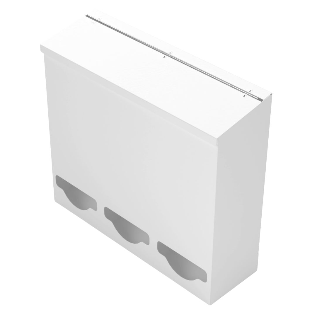 Triple, Lidded, Bulk PPE dispenser-White, front facing angled slightly left, empty