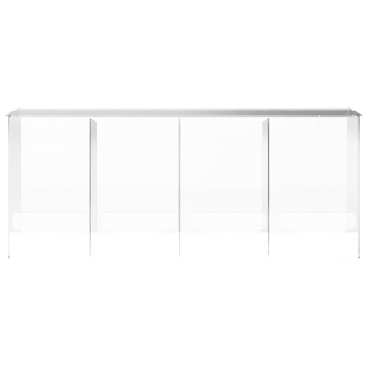 clear, PETG plastic, 4 compartment, bulk storage units with a lid on top for loading and front bottom holes for dispensing.