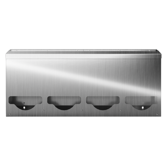 Bulk Dispenser, Quad, Stainless Steel, wall mount. divided with lid, top loading, top or bottom front dispensing. Front facing, empty