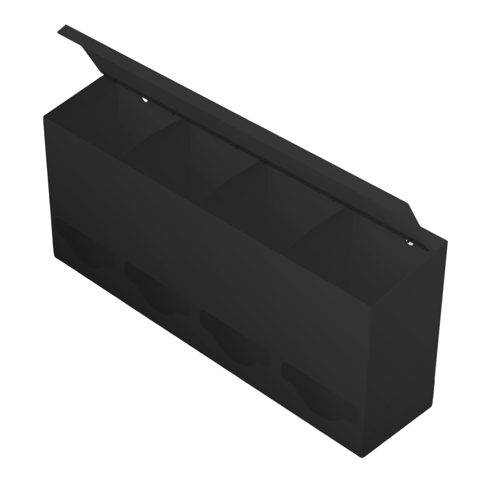 Quad, Lidded, Bulk PPE dispenser-Black- Empty, front facing angled slightly left, lid open