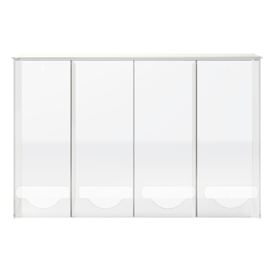 clear, PETG plastic, 4 compartment, bulk storage units with a lid on top for loading and front bottom holes for dispensing. unit is empty