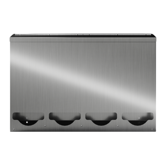 Bulk Dispenser, Tall Quad, Stainless Steel, wall mount. 4 compartments, top loading, top or bottom front dispensing. Empty facing front
