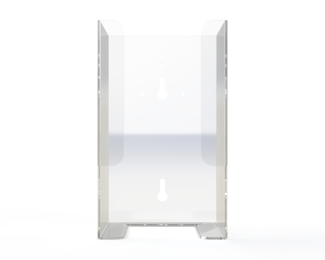 Clear holder for scrub brush boxes. Empty and front facing.