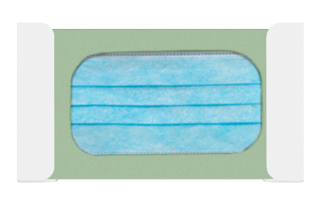 White, steel, mask dispenser, front facing with one box of blue earloop masks.
