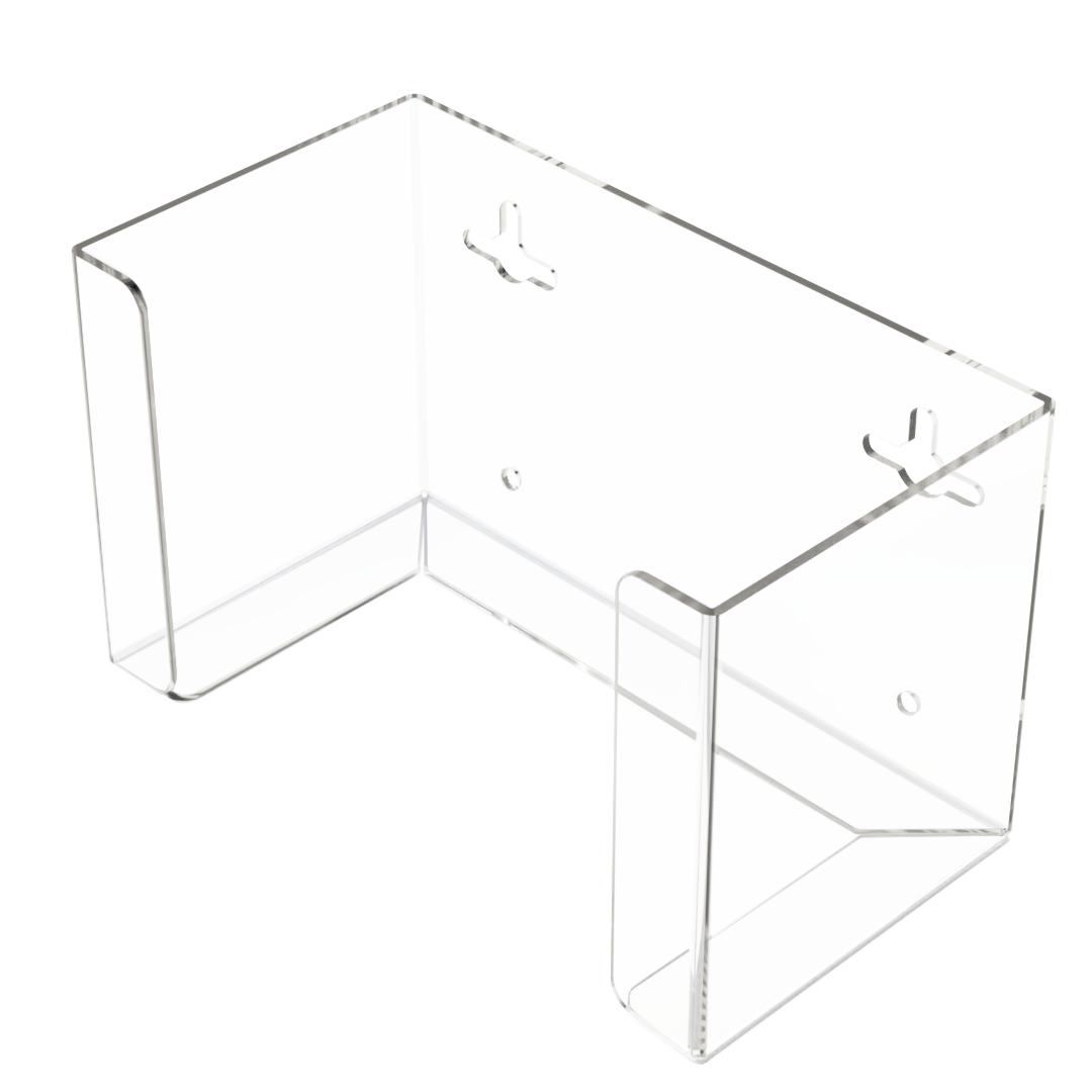 Face Mask Dispenser, Single, Clear PETG, wall mount. Empty, front facing slightly angled left