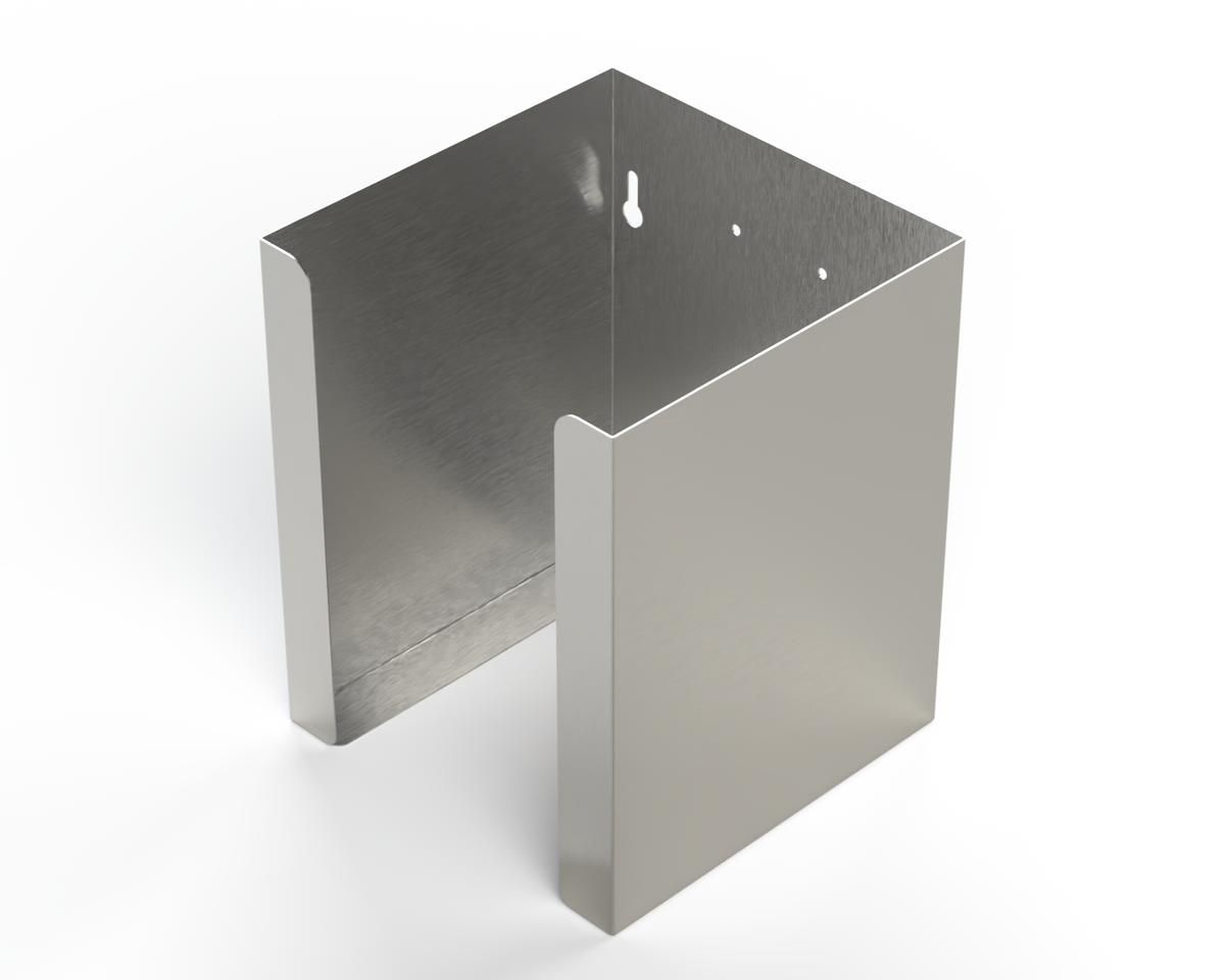 Stainless Steel square double sized facemask dispenser. empty angled left.