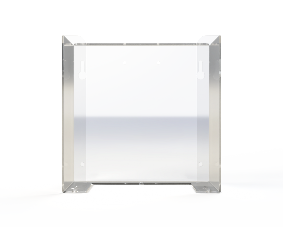 Empty, clear PETG mask dispenser. with holes for mounting or rail to dispense from front lying flat or top. Fits most tie style mask. front facing.