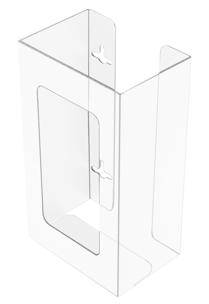 Glove Dispenser, Single, Clear PETG plastic, wall-mount, with a rectangular cut out for dispensing, front facing and angled slightly left, empty.