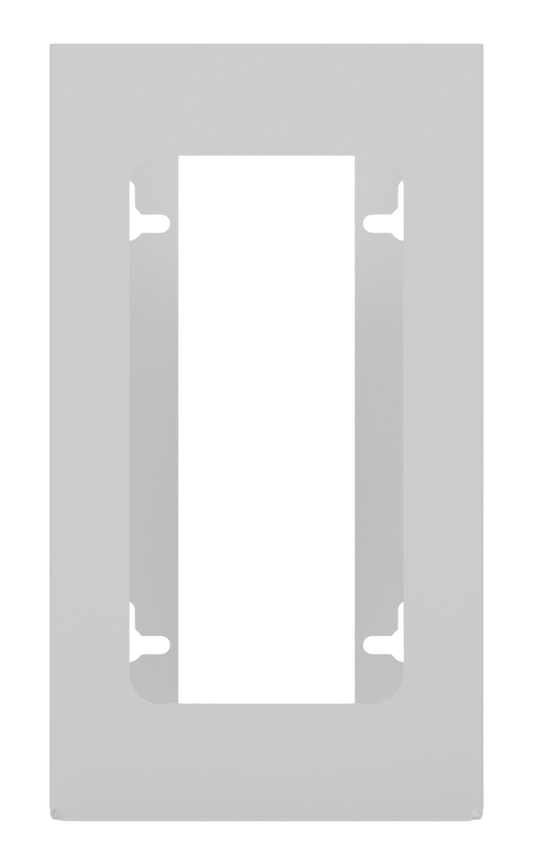 Glove Dispenser, Single, White Steel, wall mount, with a rectangular cut out for dispensing, front facing, empty.