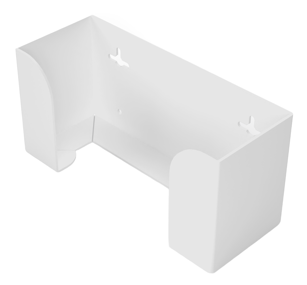 Glove Dispenser, White ABS plastic, single, wall mount. top loading, horizontal mounted glove dispenser, front facing and angled slightly left, empty.