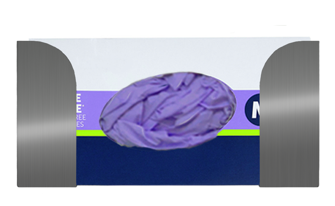 Glove Dispenser, Stainless Steel, single, wall mount. horizontal mount, top loading, front facing with 1 box of purple exam gloves