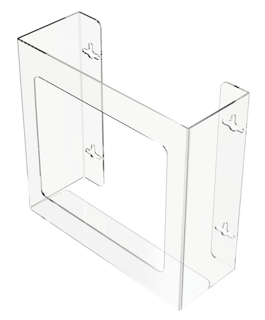 Glove Dispenser. Double, Clear PETG plastic, non-divided, wall mount. front facing and slightly angled left, empty