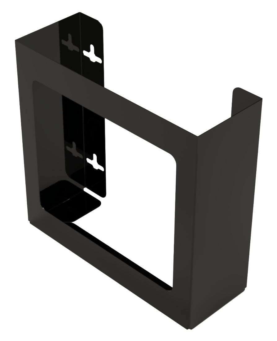 Glove Dispenser. Double, Black Steel, non-divided, wall mount. front facing and angled slighty left, empty