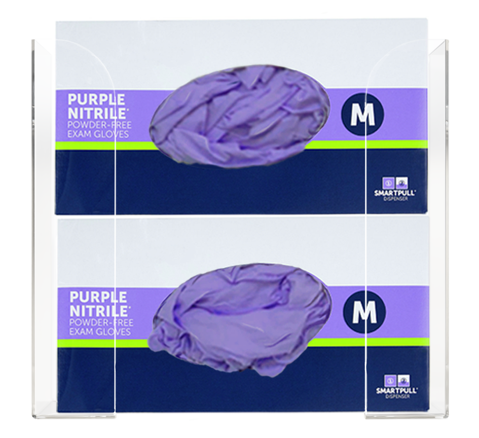 Glove Dispenser. Clear PETG plastic, Double, wall mount, non-divided, vertical stackable glove dispenser, front facing with 2 boxes of purple exam gloves