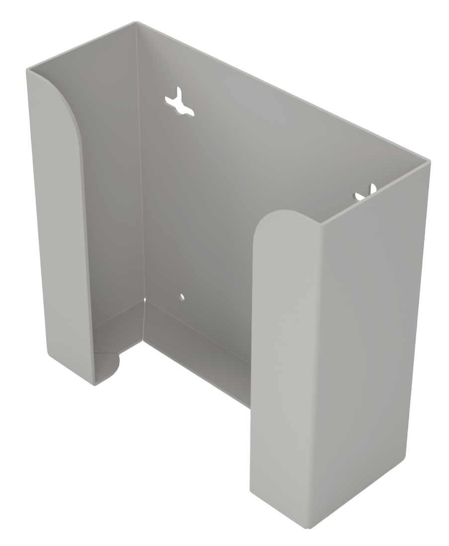 Glove Dispenser. Beige ABS Plastic, Double, wall mount, non-divided, vertical stackable glove dispenser, front facing and angled slightly left, vertical. Empty.
