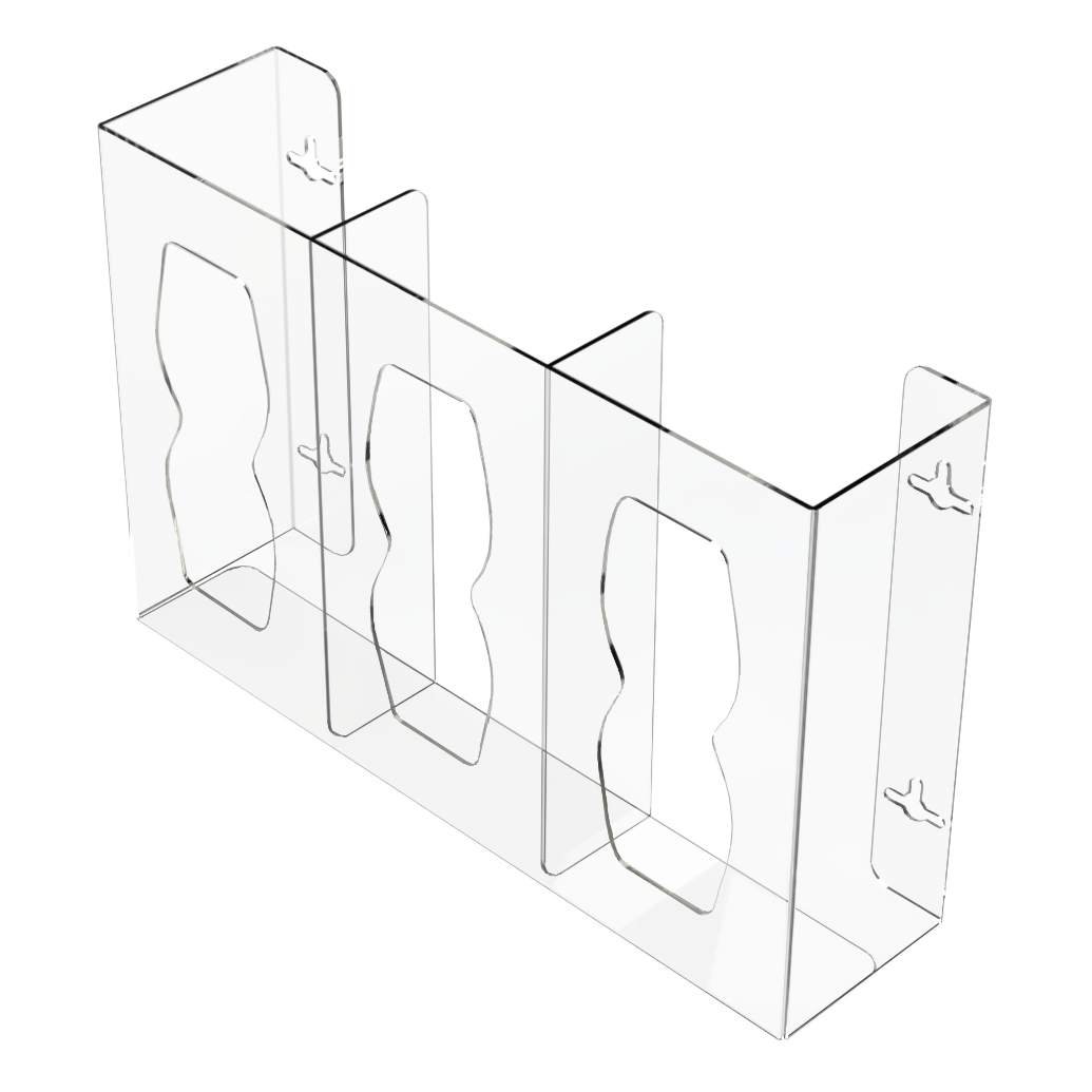 Glove Dispenser, Triple, Clear PETG plastic, wall mount, divided, with hourglass cutouts for dispensing. Front facing slightly angled left, empty