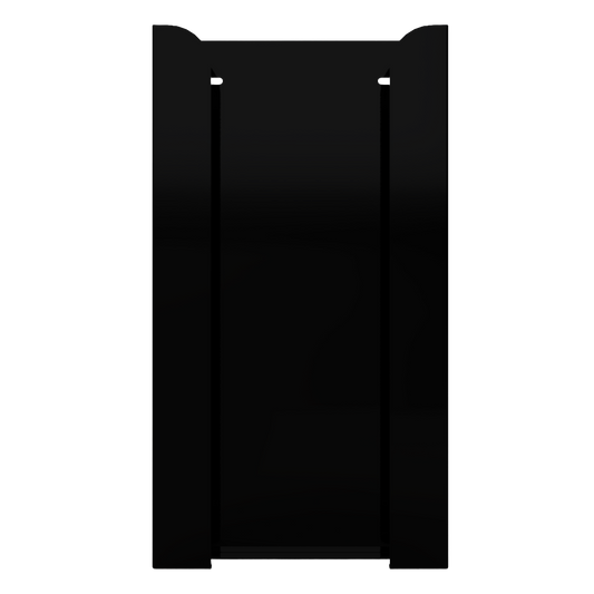 Black, non-divided metal, stackable, quad glove dispenser, front facing, vertical view. Empty.