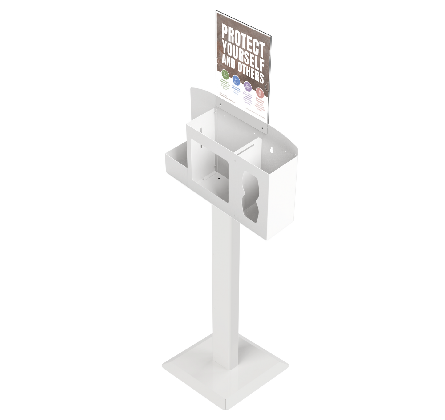 Respiratory Hygiene Station empty, with sign holder with "Protect Yourself and Others" sign on a stand. White metal. angled slightly left.