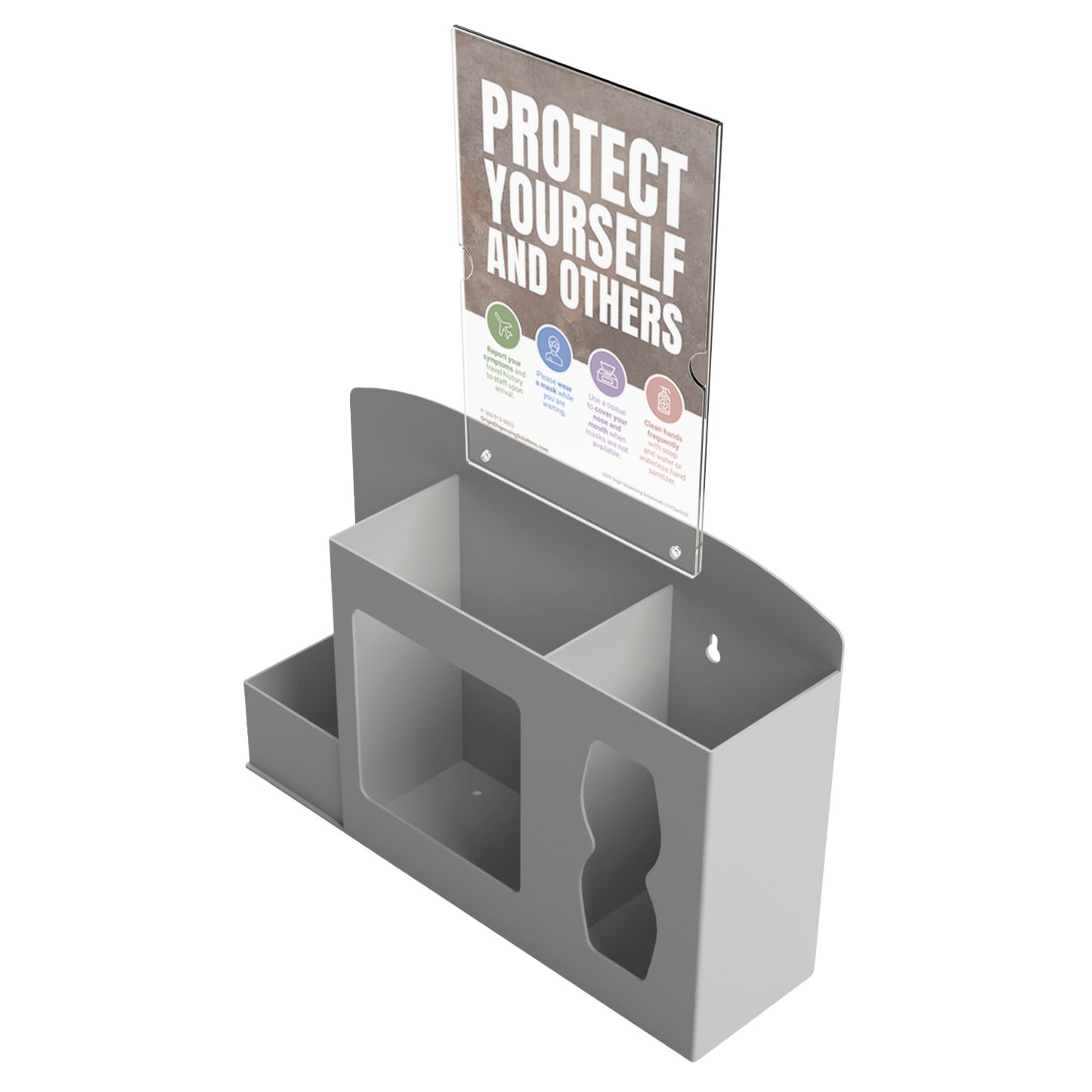 Respiratory Hygiene Station. Beige ABS plastic Flu Station with sign holder and "Protect Yourself and Others" sign. 3 sections to accommodate bottle of hand sanitizer, earloop face masks, and tissues. Unit empty, and front facing slightly left angled.