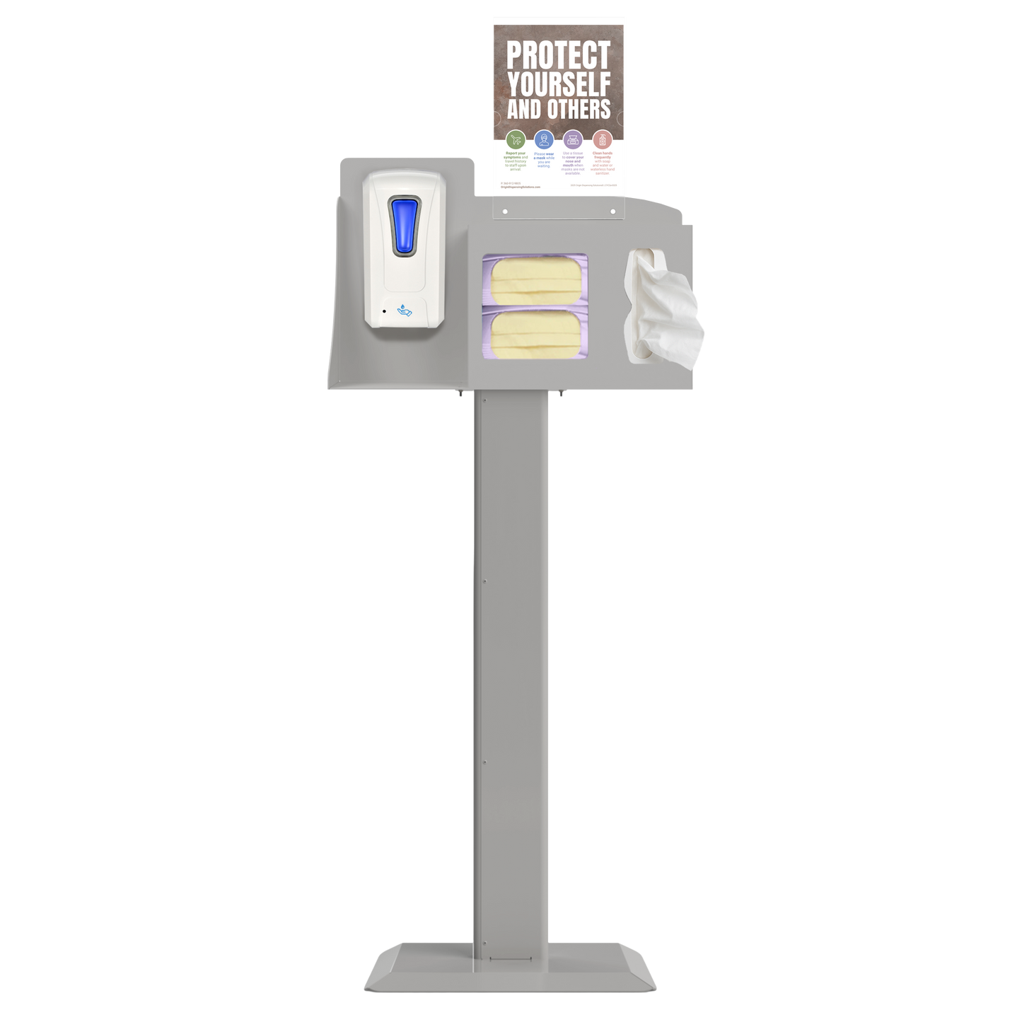 Respiratory Hygiene Station. Beige ABS plastic station, beige steel stand, and clear PETG plastic sign holder. Flu station with 3 sections filled with a hand sanitizer dispenser, 2 boxes of earloop face masks, and tissues. Unit is front facing and has a Protect Yourself sign.