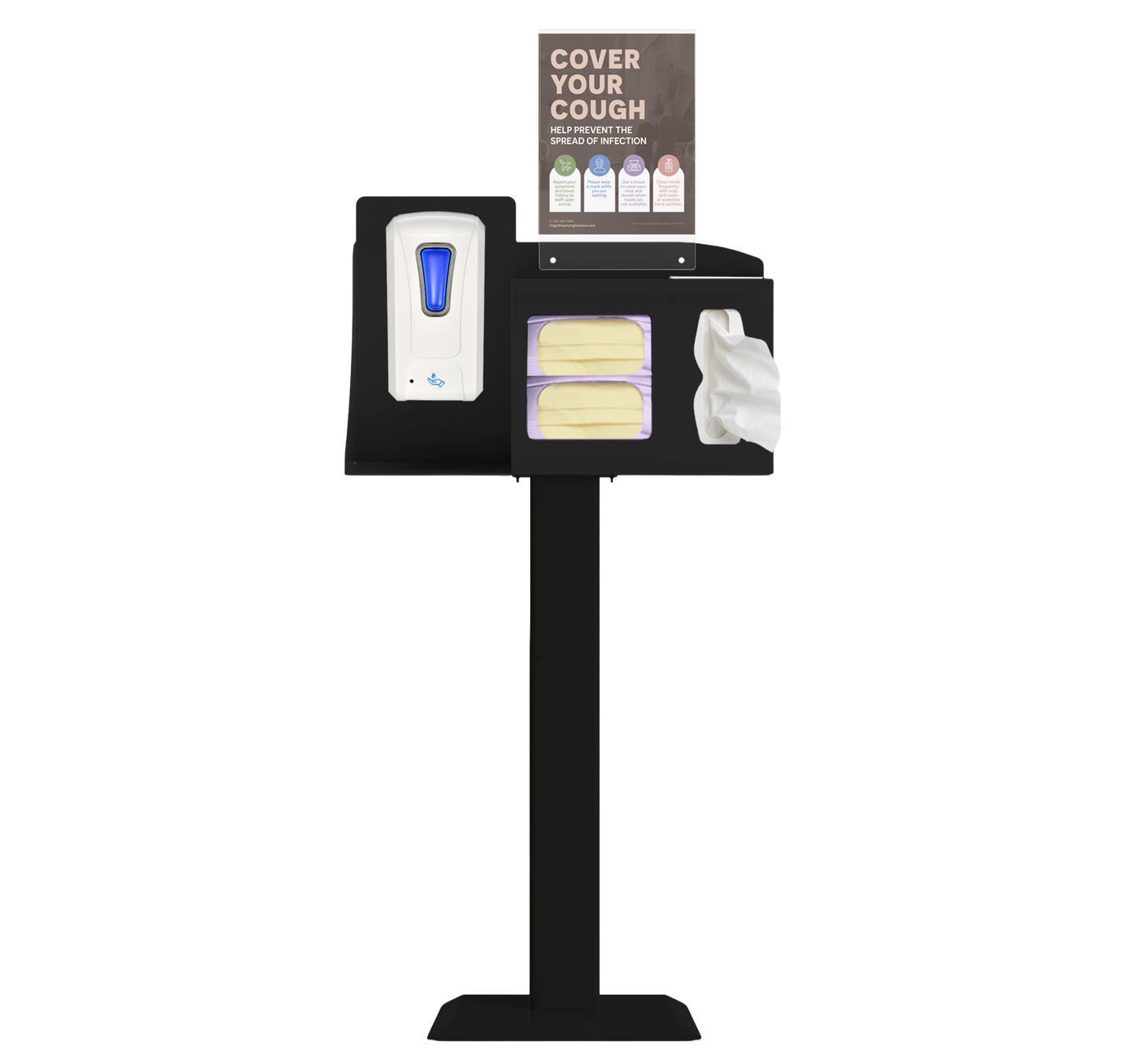 Respiratory Hygiene Station with masks, tissues, hand sanitizer dispenser and sign with Cover Your Cough on a stand. black metal.