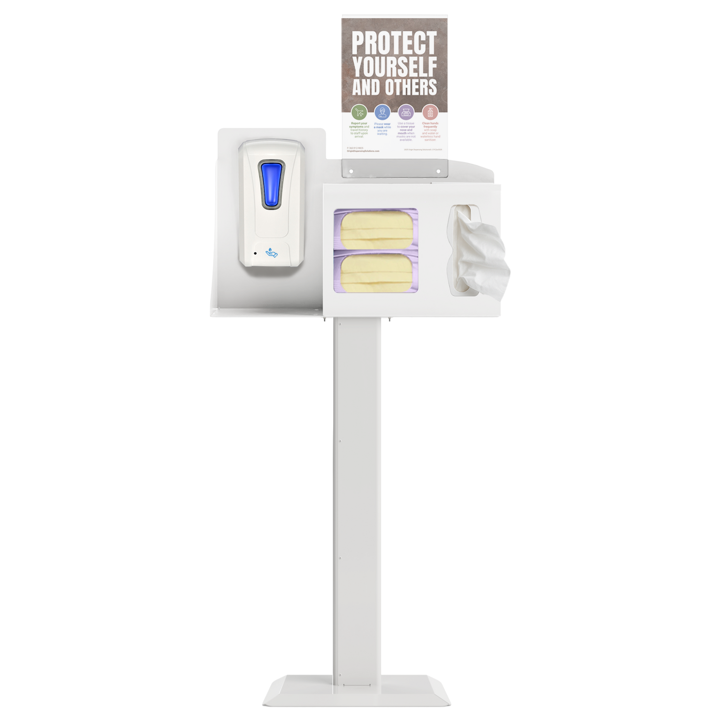 Respiratory Hygiene Station with masks, tissues, hand sanitizer dispenser, sign with protect yourself and others on a stand. white metal.