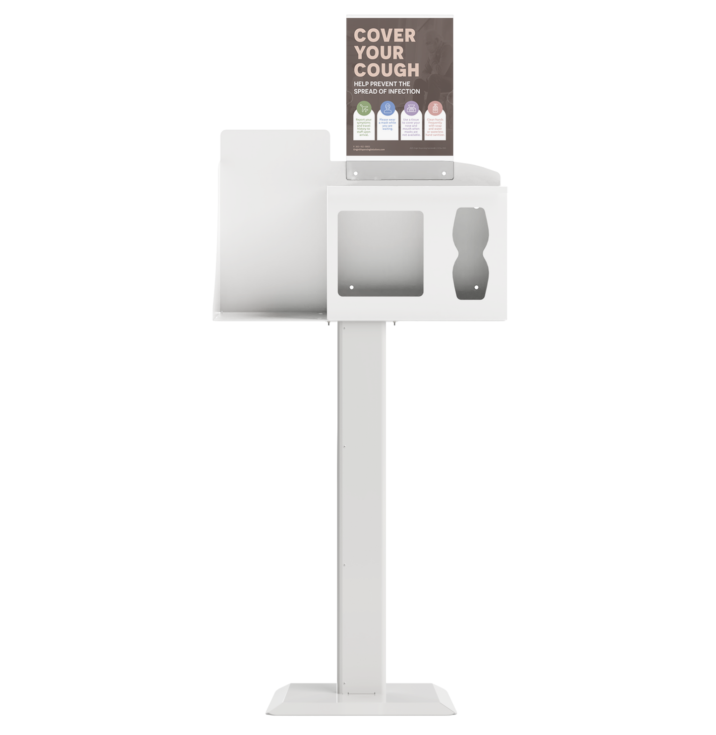 Respiratory Hygiene Station, empty with sign holder with "Cover Your Cough" sign and stand, white metal front facing.