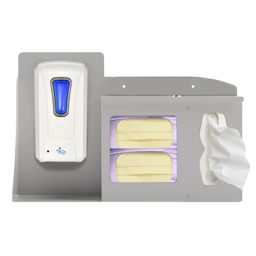 Beige Metal, Flu Station, 3 sections with locking lid. Unit full, and front facing, showing one hand sanitizer dispenser, 2 boxes of earloop facemasks and one box of tissues.