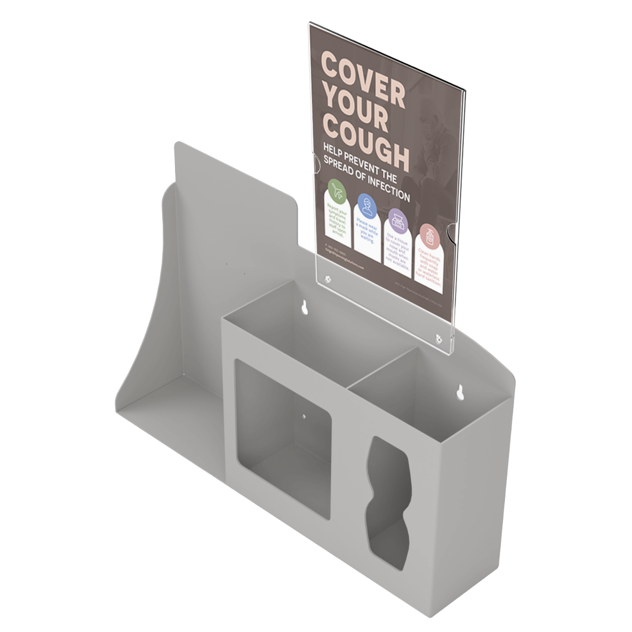 Respiratory Hygiene Station. Beige ABS plastic Flu Station with sign holder and Cover Your Cough sign. 3 sections to accommodate automatic hand sanitizer dispenser, earloop face masks, and tissues. Unit empty, and front facing slightly left angled.