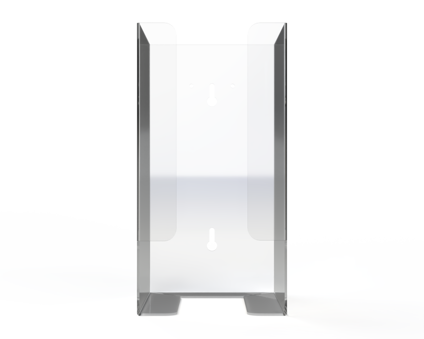 Clear dispenser used for eye protection tower-rectangular, higher rather than wider front facing. Empty.