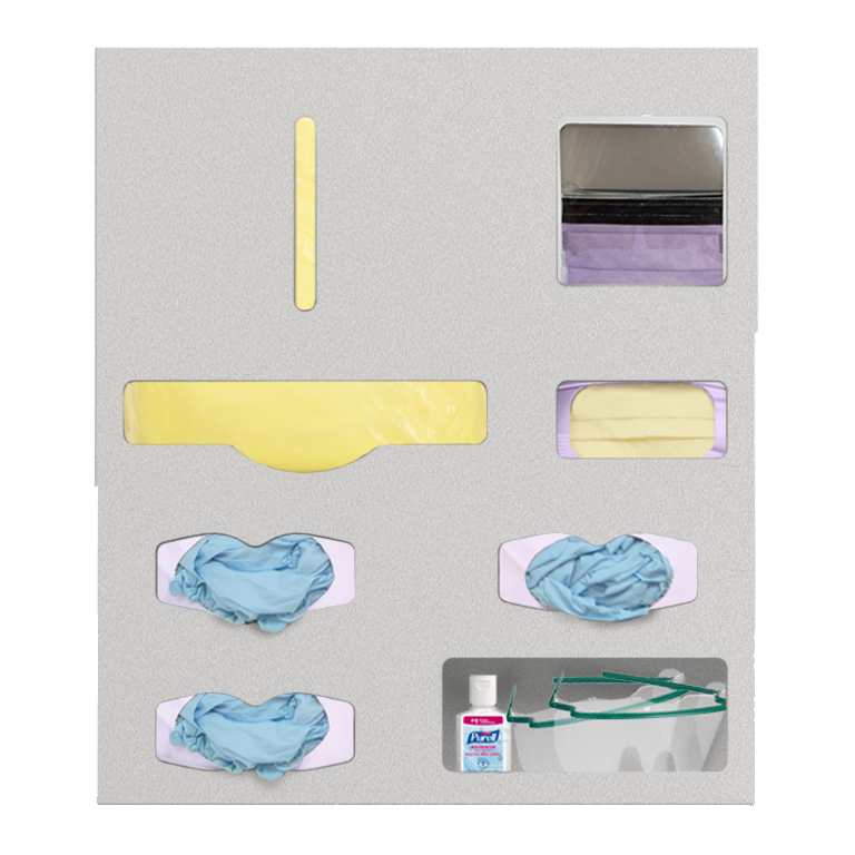 beige/grey rectangular, wall unit, plastic, with front cut out holes for gowns, gloves, masks and misc. supplies which are shown.