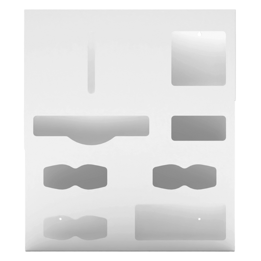 Ultraflex–Protective Wear Organizer, 7 compartment organizer, white ABS plastic, wall mount. Shown front facing, empty