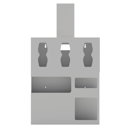 Beige, protection organizer, 6 compartments, 1 gown, 3 glove boxes, 1 earloop mask, 1 faceshield box. Empty. Shown with hanger included in the Kit.