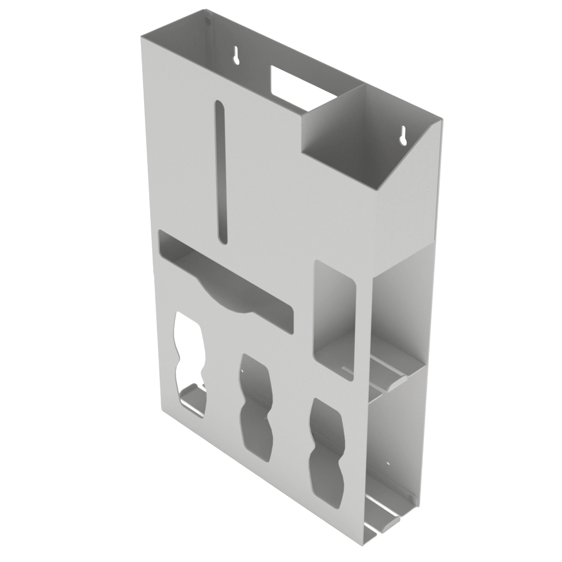 Beige, ABS, 6 compartment dispenser, front facing and angled slightly left, empty.