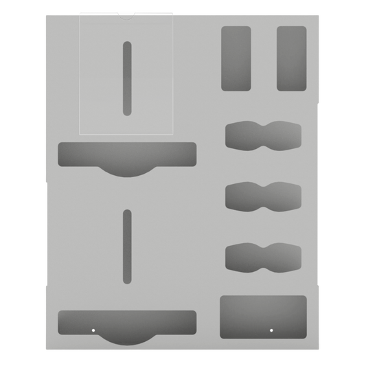 Protective Wear Organizer in Beige ABS Plastic with Sign Holder in Clear PETG Plastic. 8 compartments, Shown empty, front facing.