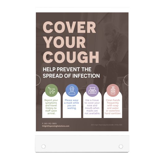 CLEAR flat plastic sign holder with poster inside. Poster with 'Cover Your Cough' message and preventive guidelines on a dark background