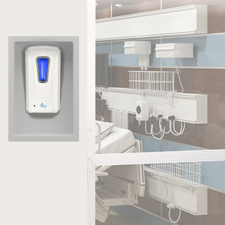 glass icu door that you can see the patient room inside as well as the outside wall before entering where an ORIGIN semi-recessed well holds a hand sanitizer dispenser