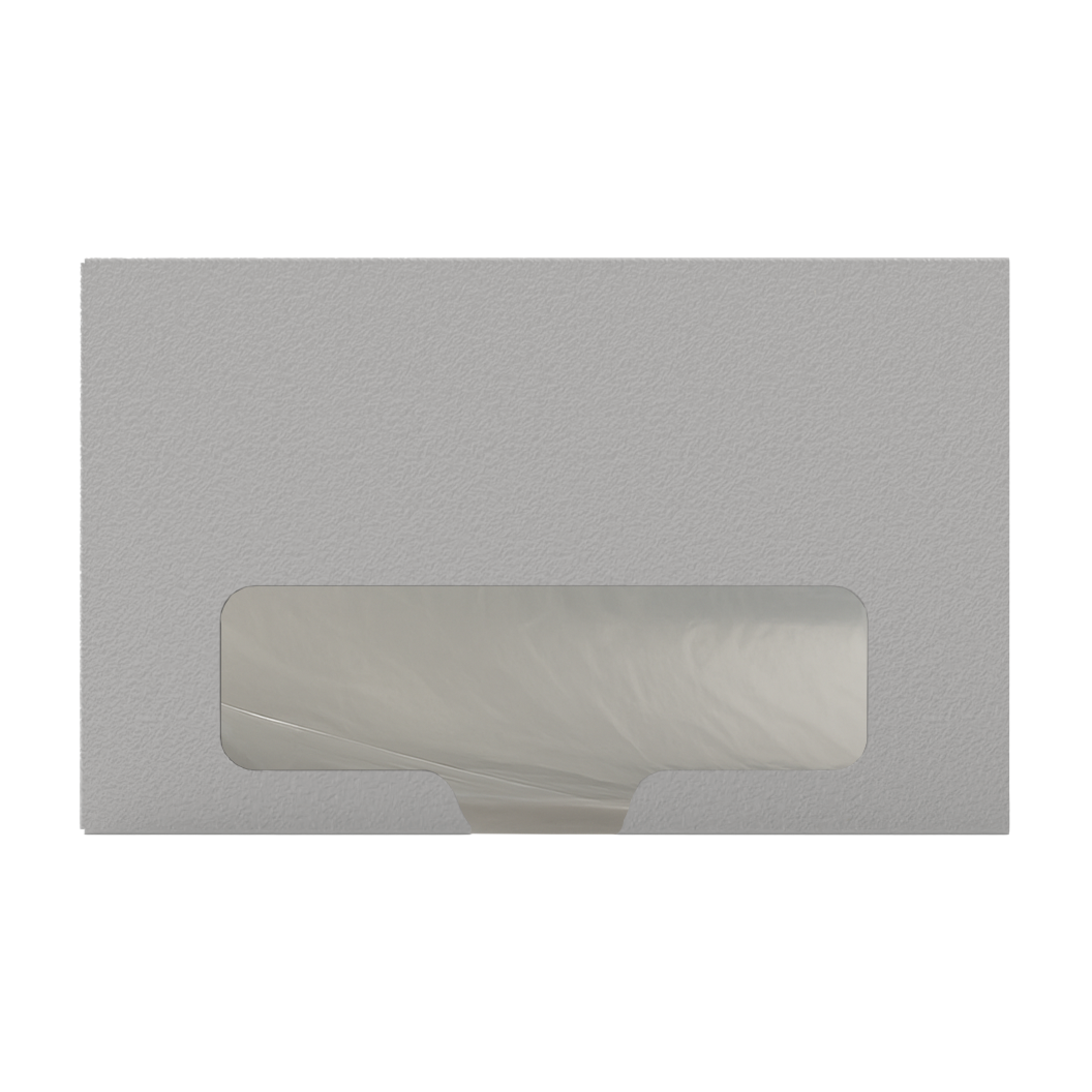 Large, Beige, metal bag dispenser, front facing with a clear roll of bags.