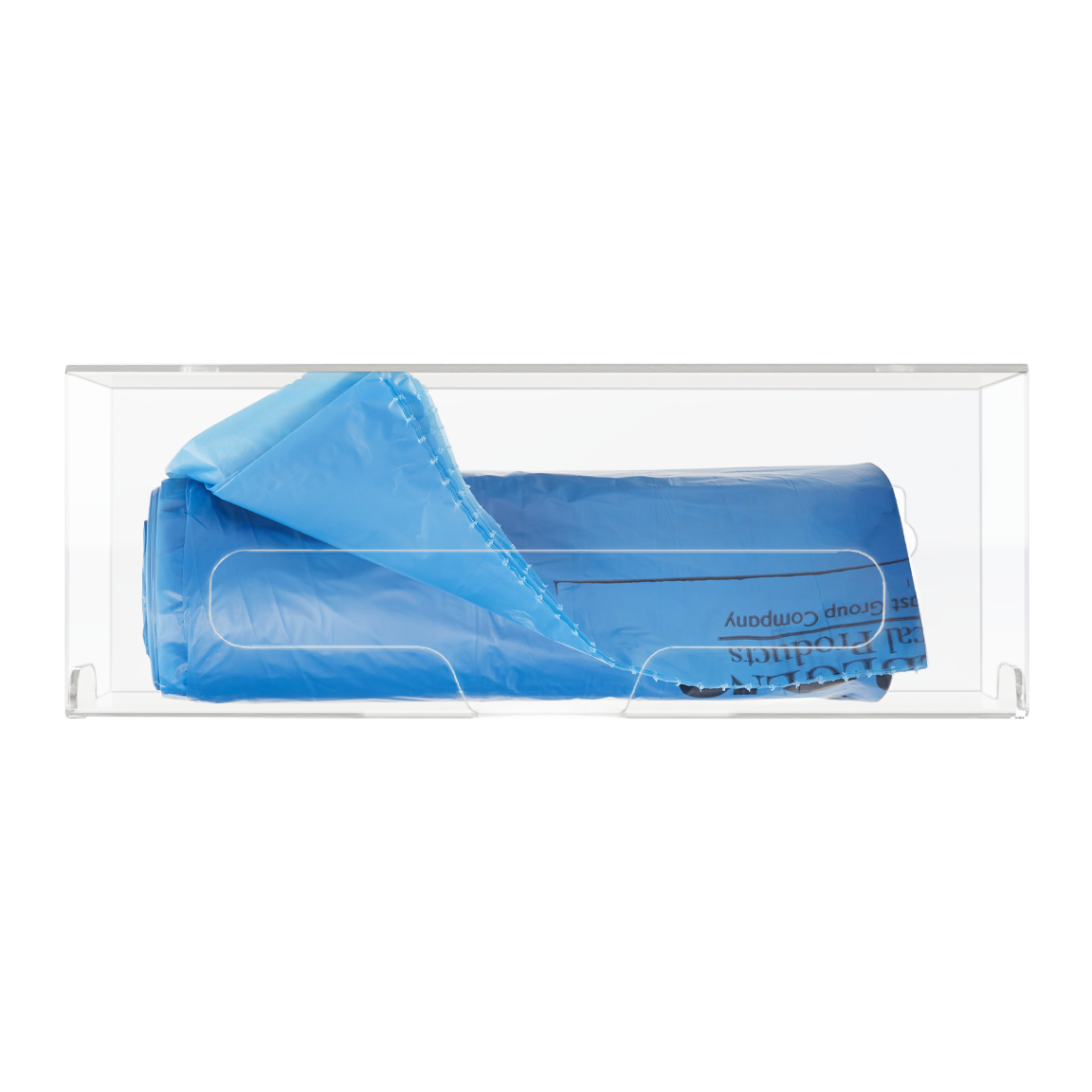 Clear PETG single compartment bag dispenser with side hole for loading and front bottom hole for dispensing. Showing Linen bags.